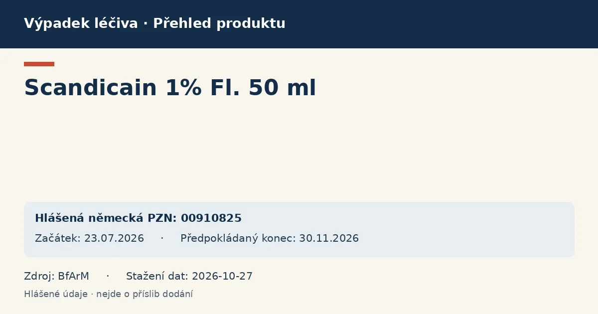Scandicain 1% Fl. 50 ml: přehled německého výpadku s hlášenými baleními a obdobím (BfArM) Scandicain 1% Fl. 50 ml: přehled německého výpadku s hlášenými baleními a obdobím (BfArM)