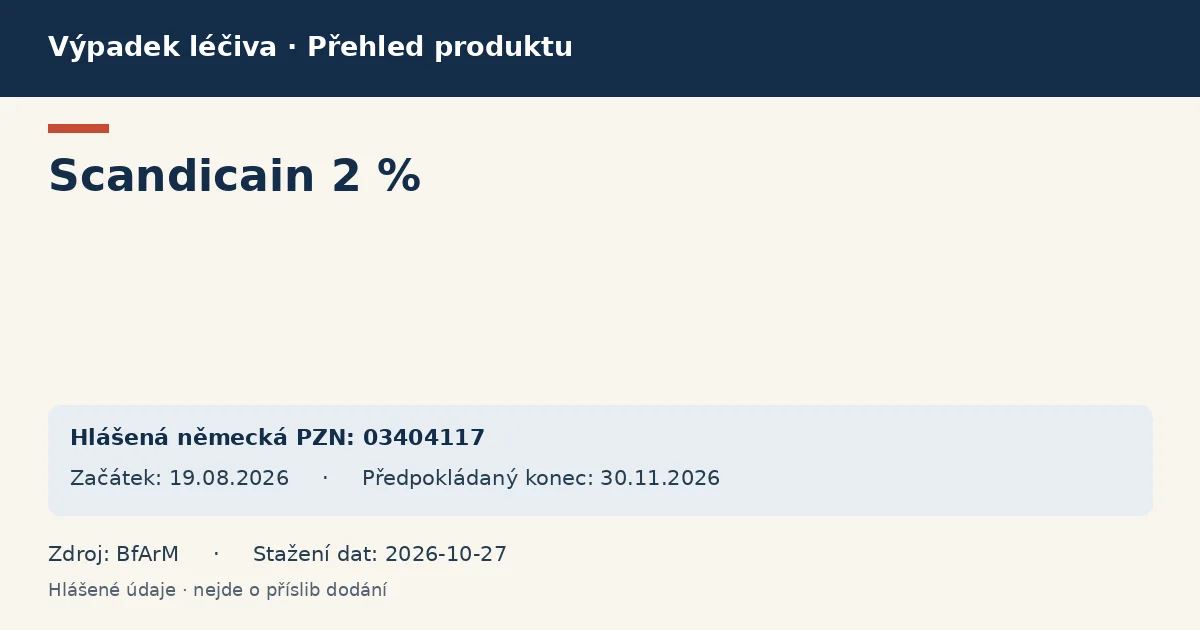 Scandicain 2 %: přehled německého výpadku s hlášenými baleními a obdobím (BfArM) Scandicain 2 %: přehled německého výpadku s hlášenými baleními a obdobím (BfArM)