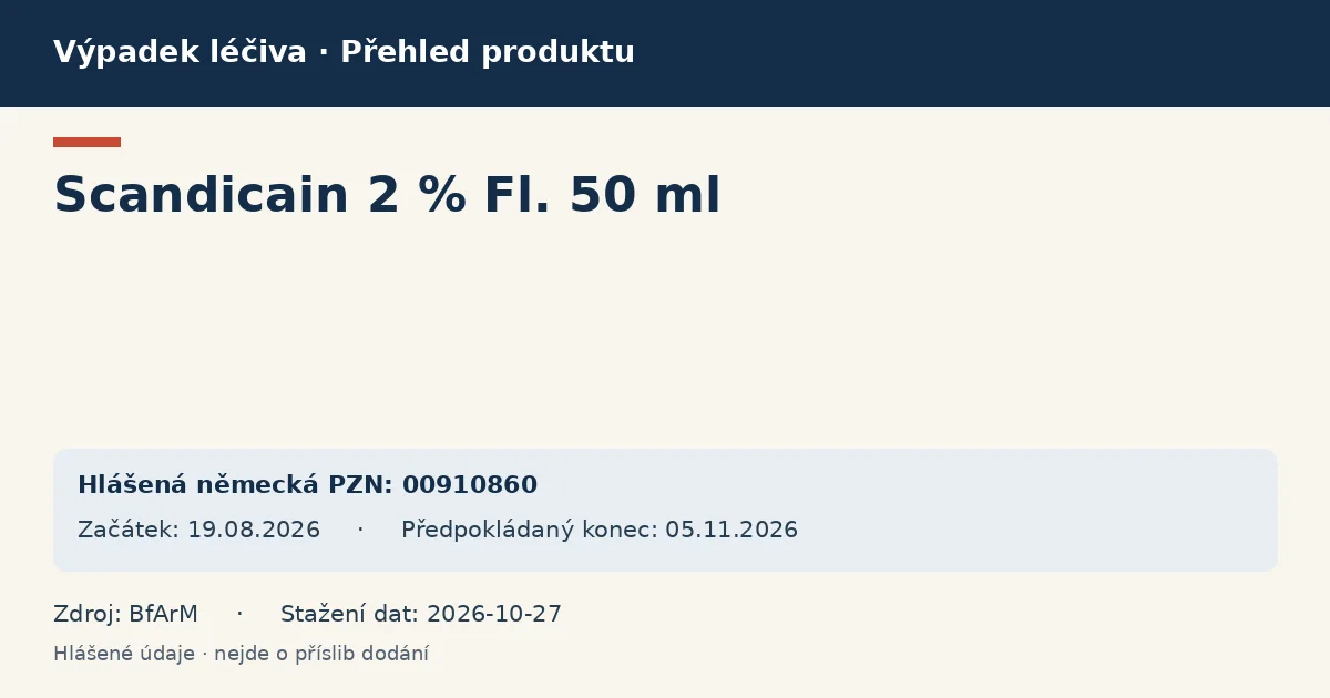 Scandicain 2 % Fl. 50 ml: přehled německého výpadku s hlášenými baleními a obdobím (BfArM) Scandicain 2 % Fl. 50 ml: přehled německého výpadku s hlášenými baleními a obdobím (BfArM)