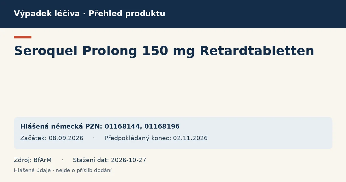 Seroquel Prolong 150 mg Retardtabletten: přehled německého výpadku s hlášenými baleními a obdobím (BfArM) Seroquel Prolong 150 mg Retardtabletten: přehled německého výpadku s hlášenými baleními a obdobím (BfArM)