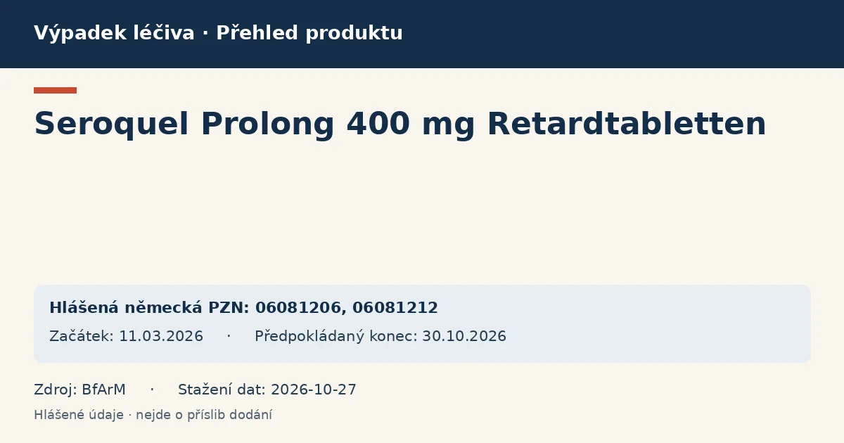 Seroquel Prolong 400 mg Retardtabletten: přehled německého výpadku s hlášenými baleními a obdobím (BfArM) Seroquel Prolong 400 mg Retardtabletten: přehled německého výpadku s hlášenými baleními a obdobím (BfArM)