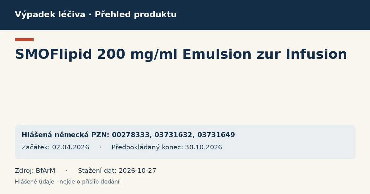 SMOFlipid 200 mg/ml Emulsion zur Infusion: přehled německého výpadku s hlášenými baleními a obdobím (BfArM) SMOFlipid 200 mg/ml Emulsion zur Infusion: přehled německého výpadku s hlášenými baleními a obdobím (BfArM)