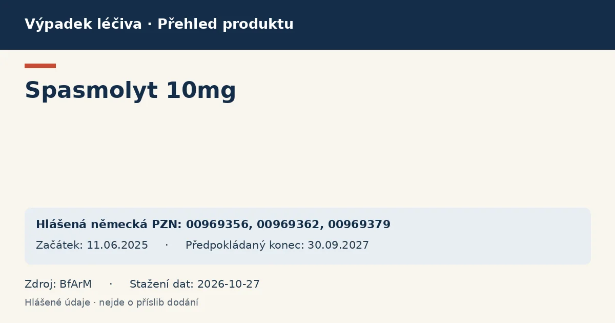 Spasmolyt 10mg: přehled německého výpadku s hlášenými baleními a obdobím (BfArM) Spasmolyt 10mg: přehled německého výpadku s hlášenými baleními a obdobím (BfArM)