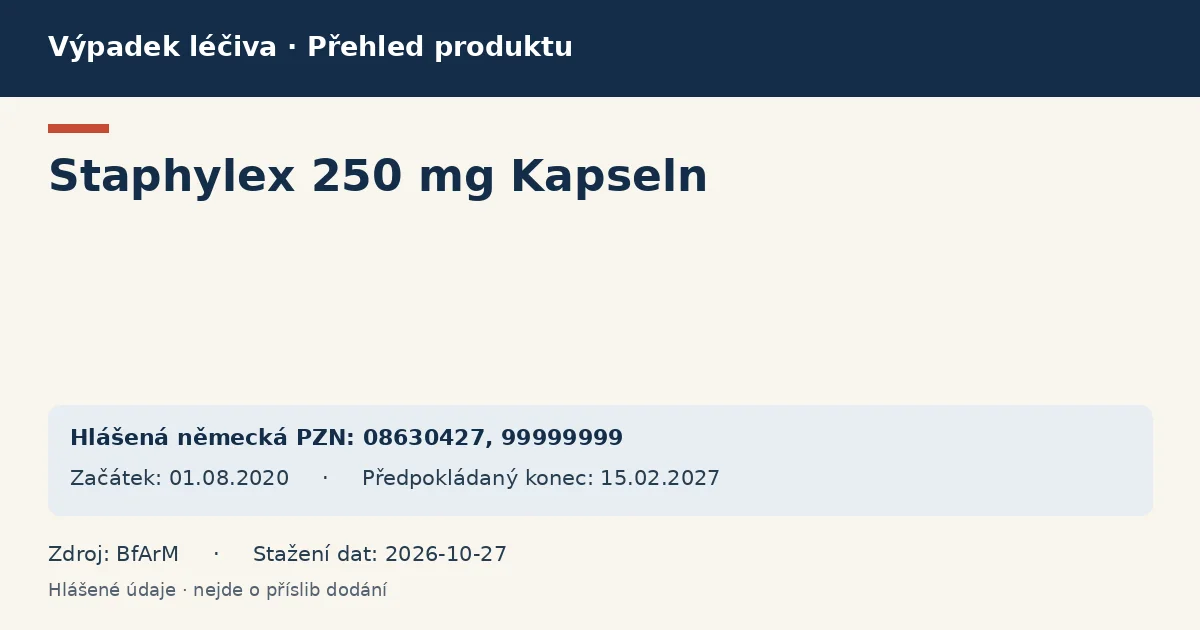 Staphylex 250 mg Kapseln: přehled německého výpadku s hlášenými baleními a obdobím (BfArM) Staphylex 250 mg Kapseln: přehled německého výpadku s hlášenými baleními a obdobím (BfArM)