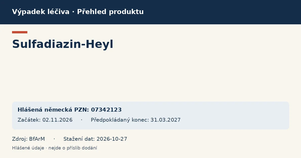 Sulfadiazin-Heyl: přehled německého výpadku s hlášenými baleními a obdobím (BfArM) Sulfadiazin-Heyl: přehled německého výpadku s hlášenými baleními a obdobím (BfArM)