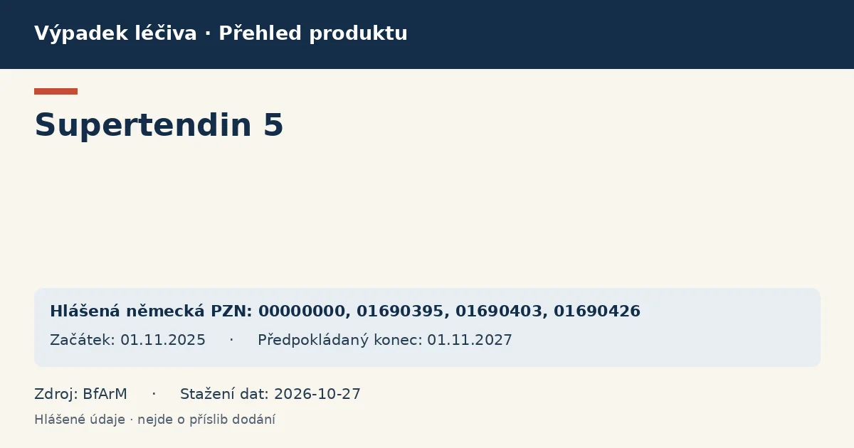 Supertendin 5: přehled německého výpadku s hlášenými baleními a obdobím (BfArM) Supertendin 5: přehled německého výpadku s hlášenými baleními a obdobím (BfArM)