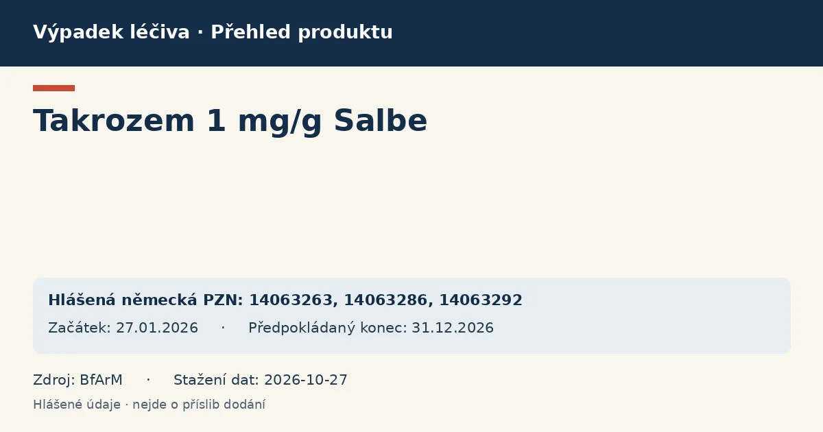 Takrozem 1 mg/g Salbe: přehled německého výpadku s hlášenými baleními a obdobím (BfArM) Takrozem 1 mg/g Salbe: přehled německého výpadku s hlášenými baleními a obdobím (BfArM)