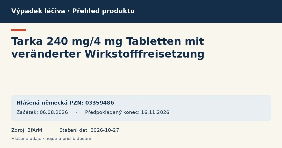 Tarka 240 mg/4 mg Tabletten mit veränderter Wirkstofffreisetzung: přehled německého výpadku s hlášenými baleními a obdobím (BfArM) Tarka 240 mg/4 mg Tabletten mit veränderter Wirkstofffreisetzung: přehled německého výpadku s hlášenými baleními a obdobím (BfArM)