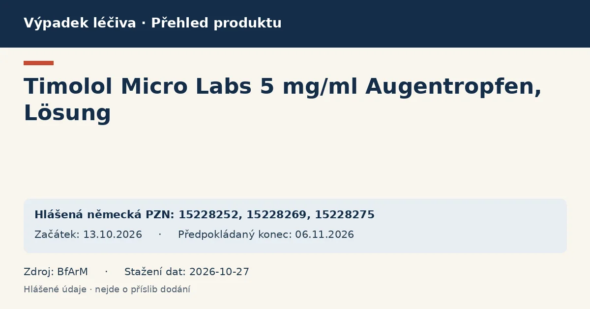 Timolol Micro Labs 5 mg/ml Augentropfen, Lösung: přehled německého výpadku s hlášenými baleními a obdobím (BfArM) Timolol Micro Labs 5 mg/ml Augentropfen, Lösung: přehled německého výpadku s hlášenými baleními a obdobím (BfArM)