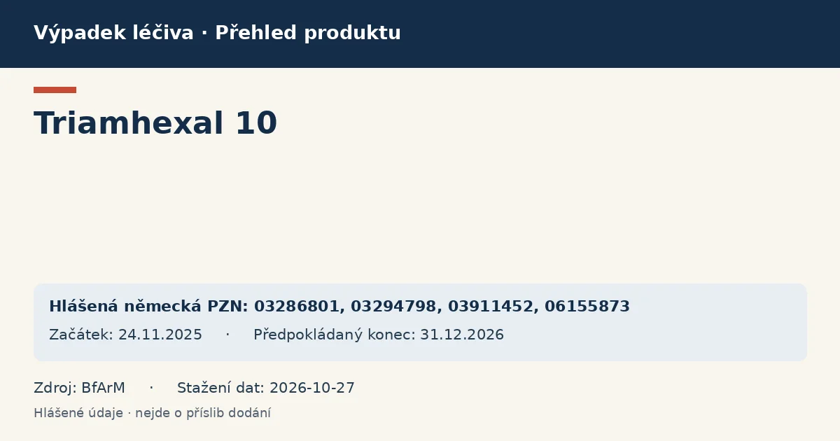Triamhexal 10: přehled německého výpadku s hlášenými baleními a obdobím (BfArM) Triamhexal 10: přehled německého výpadku s hlášenými baleními a obdobím (BfArM)