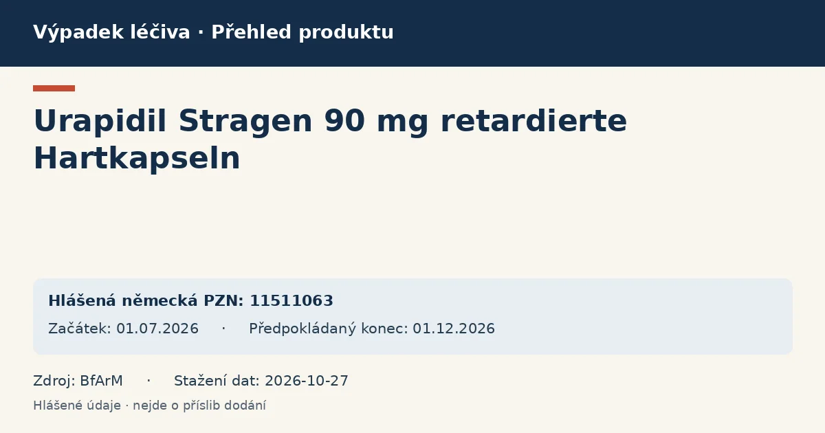 Urapidil Stragen 90 mg retardierte Hartkapseln: přehled německého výpadku s hlášenými baleními a obdobím (BfArM) Urapidil Stragen 90 mg retardierte Hartkapseln: přehled německého výpadku s hlášenými baleními a obdobím (BfArM)