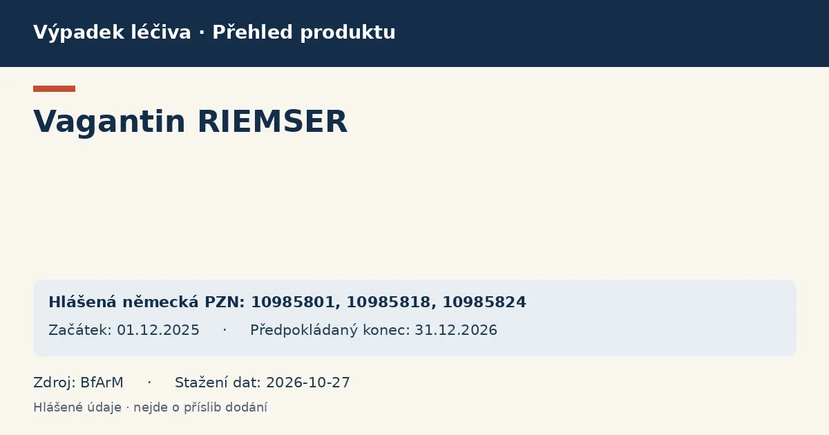 Vagantin RIEMSER: přehled německého výpadku s hlášenými baleními a obdobím (BfArM) Vagantin RIEMSER: přehled německého výpadku s hlášenými baleními a obdobím (BfArM)