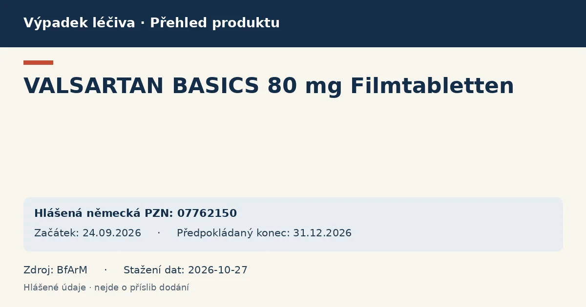 VALSARTAN BASICS 80 mg Filmtabletten: přehled německého výpadku s hlášenými baleními a obdobím (BfArM) VALSARTAN BASICS 80 mg Filmtabletten: přehled německého výpadku s hlášenými baleními a obdobím (BfArM)