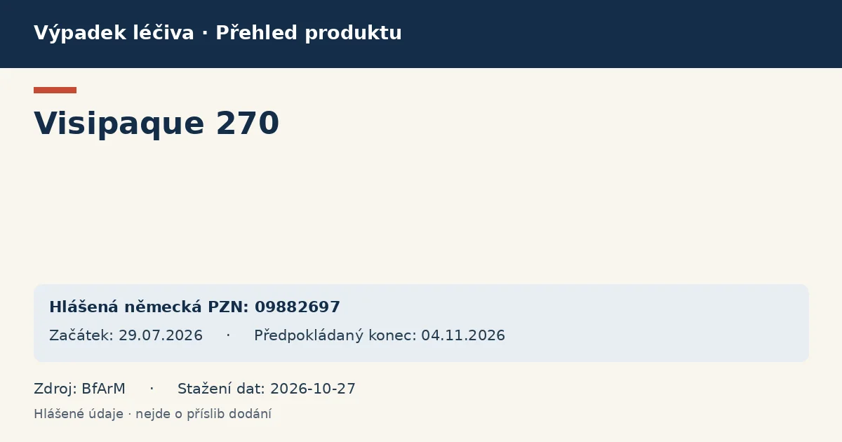 Visipaque 270: přehled německého výpadku s hlášenými baleními a obdobím (BfArM) Visipaque 270: přehled německého výpadku s hlášenými baleními a obdobím (BfArM)