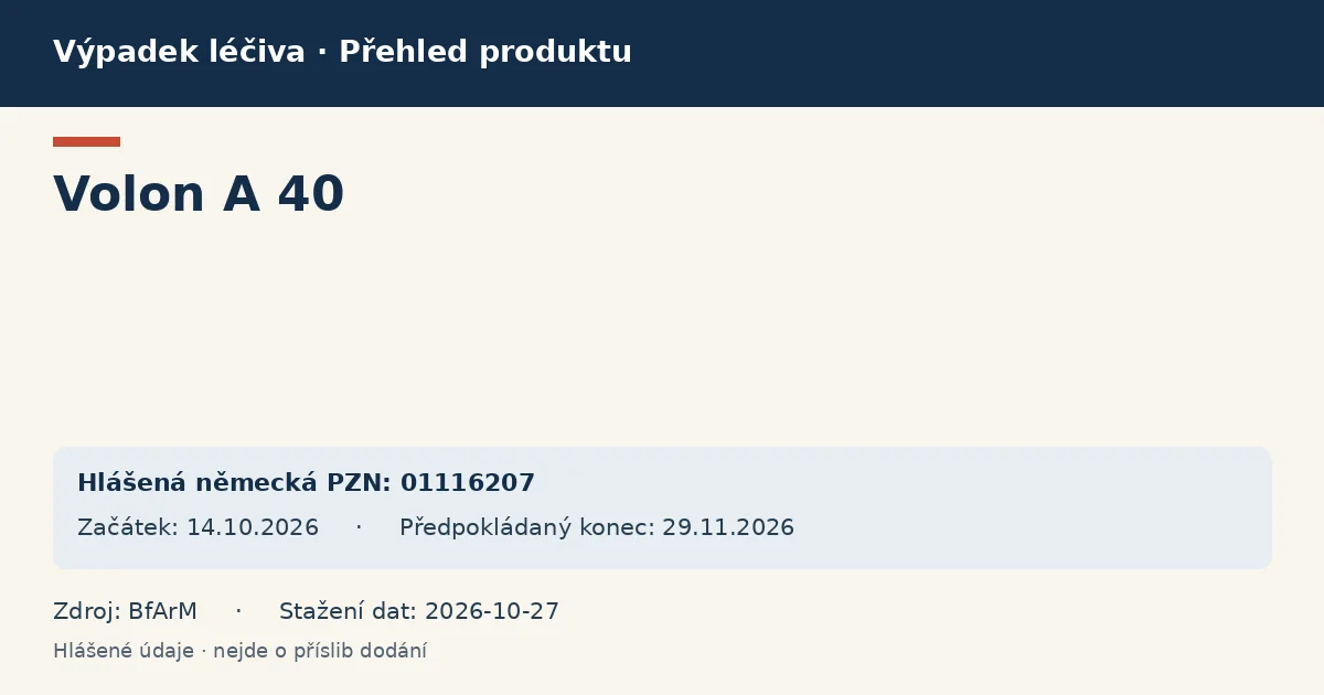 Volon A 40: přehled německého výpadku s hlášenými baleními a obdobím (BfArM) Volon A 40: přehled německého výpadku s hlášenými baleními a obdobím (BfArM)