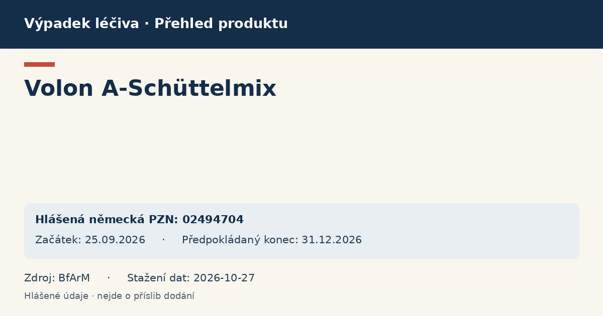 Volon A-Schüttelmix: přehled německého výpadku s hlášenými baleními a obdobím (BfArM) Volon A-Schüttelmix: přehled německého výpadku s hlášenými baleními a obdobím (BfArM)