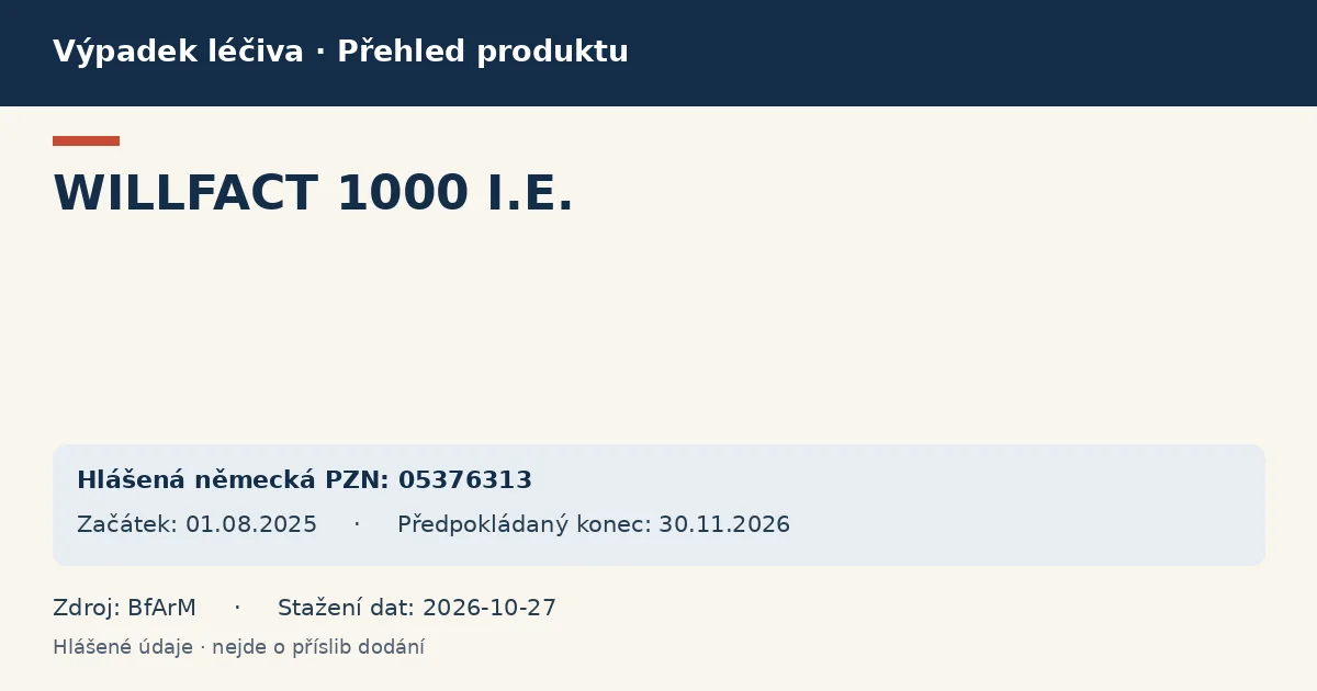 WILLFACT 1000 I.E.: přehled německého výpadku s hlášenými baleními a obdobím (BfArM) WILLFACT 1000 I.E.: přehled německého výpadku s hlášenými baleními a obdobím (BfArM)