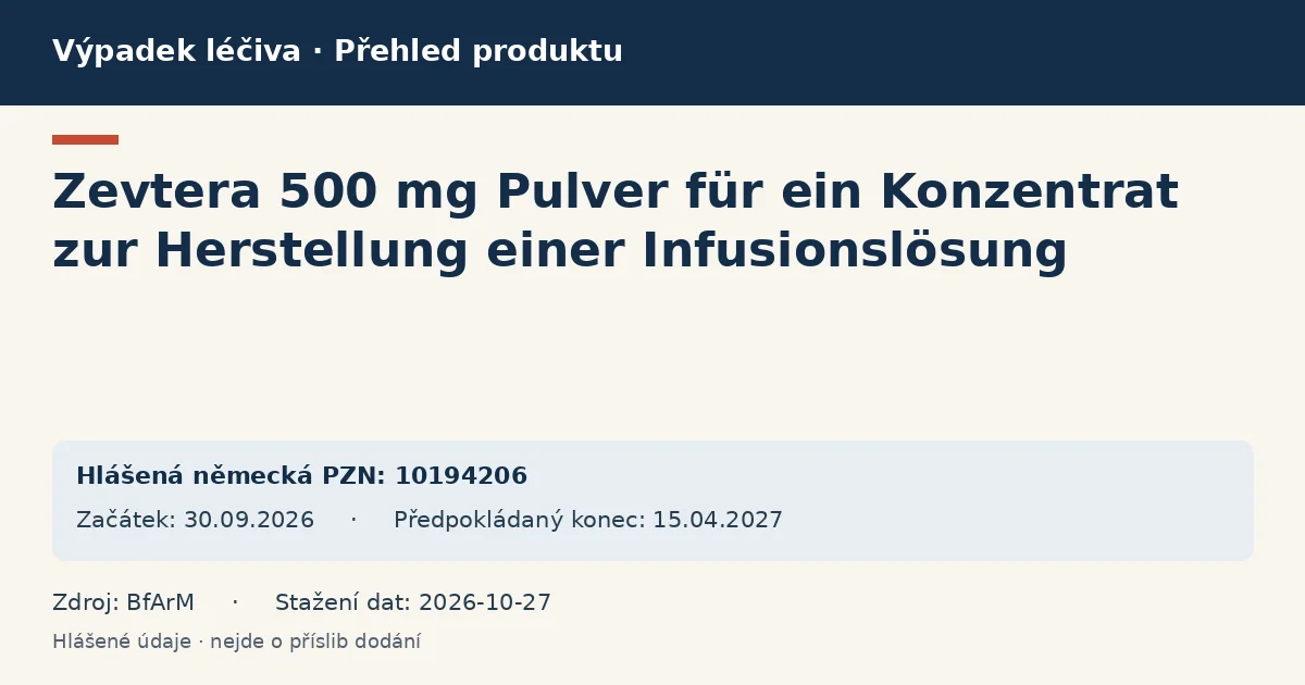 Zevtera 500 mg Pulver für ein Konzentrat zur Herstellung einer Infusionslösung: přehled německého výpadku s hlášenými baleními a obdobím (BfArM) Zevtera 500 mg Pulver für ein Konzentrat zur Herstellung einer Infusionslösung: přehled německého výpadku s hlášenými baleními a obdobím (BfArM)