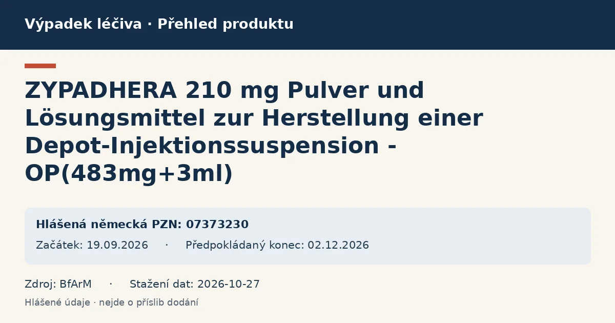 ZYPADHERA 210 mg Pulver und Lösungsmittel zur Herstellung einer Depot-Injektionssuspension - OP(483mg+3ml): přehled německého výpadku s hlášenými baleními a obdobím (BfArM) ZYPADHERA 210 mg Pulver und Lösungsmittel zur Herstellung einer Depot-Injektionssuspension - OP(483mg+3ml): přehled německého výpadku s hlášenými baleními a obdobím (BfArM)