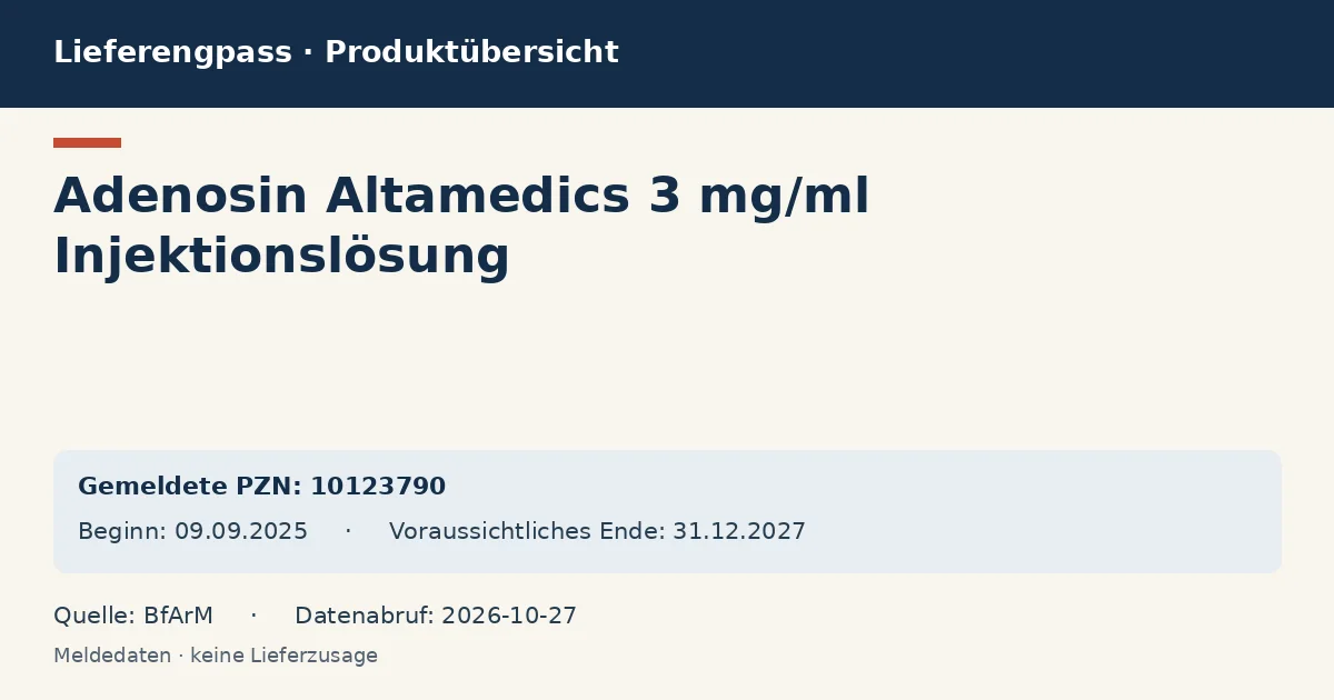 Adenosin Altamedics 3 mg/ml Injektionslösung: Datenübersicht zum Lieferengpass mit gemeldeten Packungen und Zeitraum (BfArM) Adenosin Altamedics 3 mg/ml Injektionslösung: Datenübersicht zum Lieferengpass mit gemeldeten Packungen und Zeitraum (BfArM)