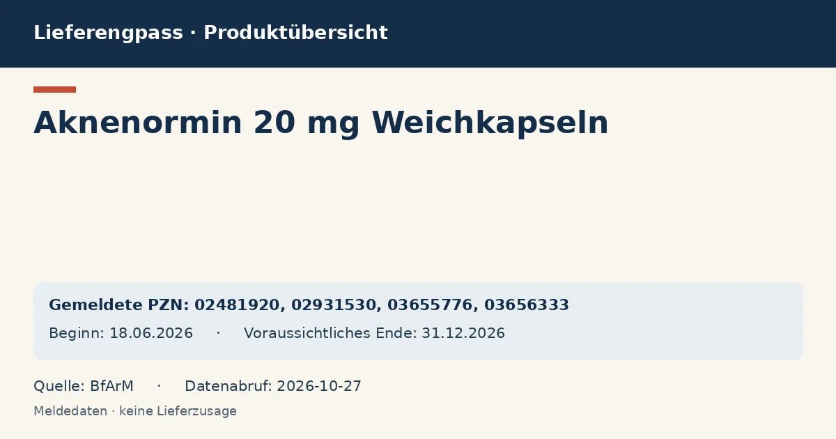 Aknenormin 20 mg Weichkapseln: Datenübersicht zum Lieferengpass mit gemeldeten Packungen und Zeitraum (BfArM) Aknenormin 20 mg Weichkapseln: Datenübersicht zum Lieferengpass mit gemeldeten Packungen und Zeitraum (BfArM)