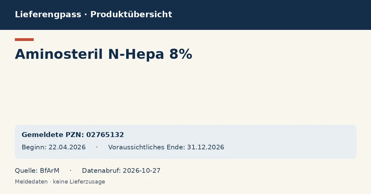 Aminosteril N-Hepa 8%: Datenübersicht zum Lieferengpass mit gemeldeten Packungen und Zeitraum (BfArM) Aminosteril N-Hepa 8%: Datenübersicht zum Lieferengpass mit gemeldeten Packungen und Zeitraum (BfArM)