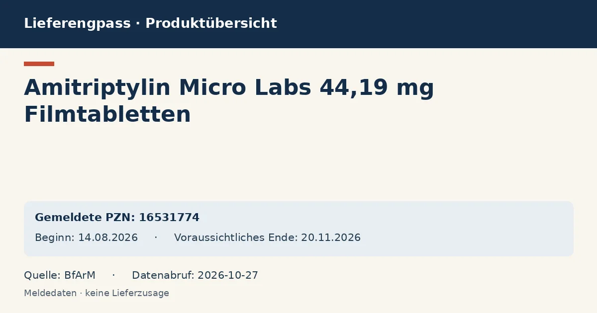 Amitriptylin Micro Labs 44,19 mg Filmtabletten: Datenübersicht zum Lieferengpass mit gemeldeten Packungen und Zeitraum (BfArM) Amitriptylin Micro Labs 44,19 mg Filmtabletten: Datenübersicht zum Lieferengpass mit gemeldeten Packungen und Zeitraum (BfArM)