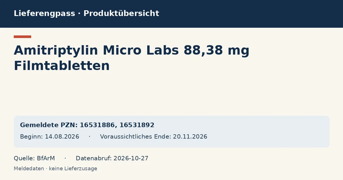 Amitriptylin Micro Labs 88,38 mg Filmtabletten: Datenübersicht zum Lieferengpass mit gemeldeten Packungen und Zeitraum (BfArM) Amitriptylin Micro Labs 88,38 mg Filmtabletten: Datenübersicht zum Lieferengpass mit gemeldeten Packungen und Zeitraum (BfArM)