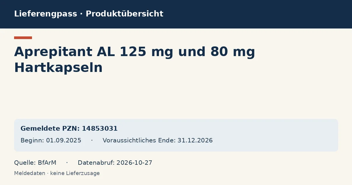 Aprepitant AL 125 mg und 80 mg Hartkapseln: Datenübersicht zum Lieferengpass mit gemeldeten Packungen und Zeitraum (BfArM) Aprepitant AL 125 mg und 80 mg Hartkapseln: Datenübersicht zum Lieferengpass mit gemeldeten Packungen und Zeitraum (BfArM)