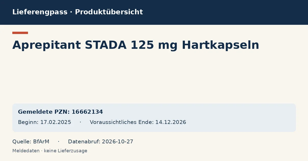 Aprepitant STADA 125 mg Hartkapseln: Datenübersicht zum Lieferengpass mit gemeldeten Packungen und Zeitraum (BfArM) Aprepitant STADA 125 mg Hartkapseln: Datenübersicht zum Lieferengpass mit gemeldeten Packungen und Zeitraum (BfArM)