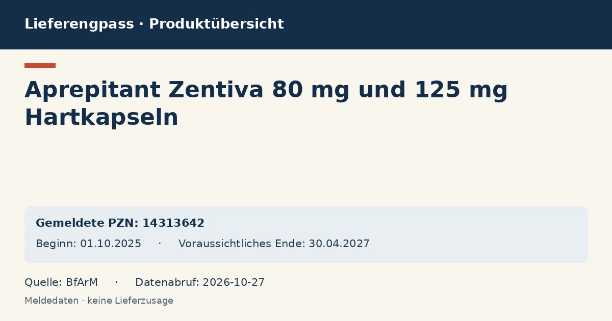 Aprepitant Zentiva 80 mg und 125 mg Hartkapseln: Datenübersicht zum Lieferengpass mit gemeldeten Packungen und Zeitraum (BfArM) Aprepitant Zentiva 80 mg und 125 mg Hartkapseln: Datenübersicht zum Lieferengpass mit gemeldeten Packungen und Zeitraum (BfArM)