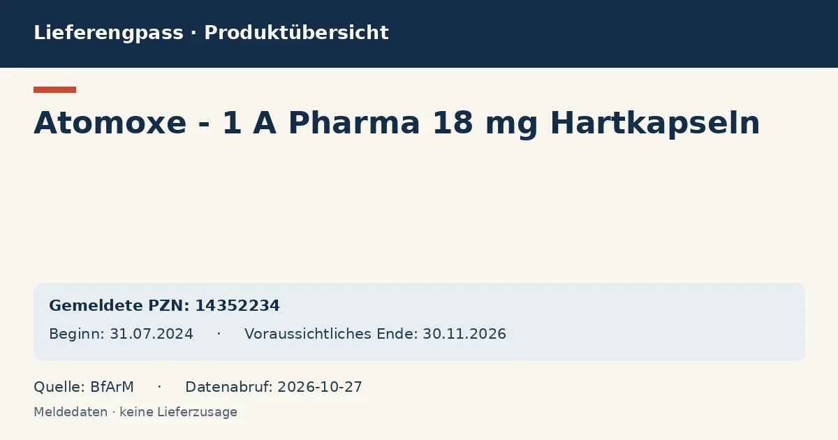Atomoxe - 1 A Pharma 18 mg Hartkapseln: Datenübersicht zum Lieferengpass mit gemeldeten Packungen und Zeitraum (BfArM) Atomoxe - 1 A Pharma 18 mg Hartkapseln: Datenübersicht zum Lieferengpass mit gemeldeten Packungen und Zeitraum (BfArM)