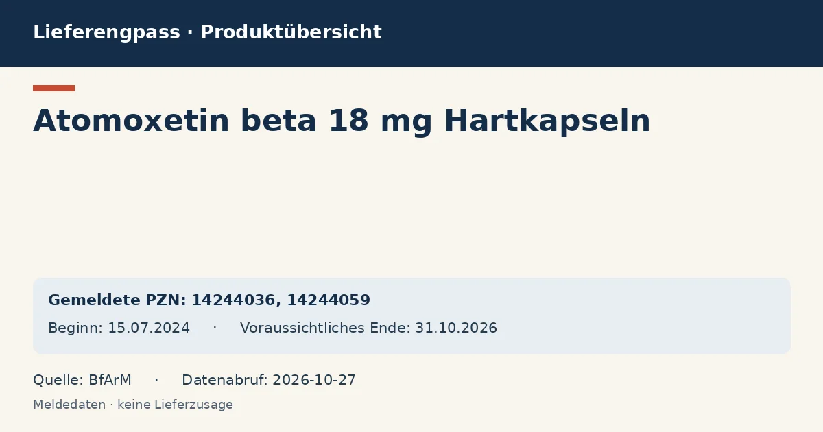 Atomoxetin beta 18 mg Hartkapseln: Datenübersicht zum Lieferengpass mit gemeldeten Packungen und Zeitraum (BfArM) Atomoxetin beta 18 mg Hartkapseln: Datenübersicht zum Lieferengpass mit gemeldeten Packungen und Zeitraum (BfArM)