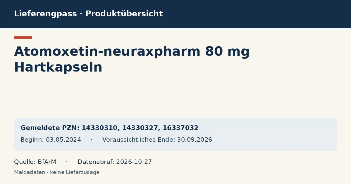 Atomoxetin-neuraxpharm 80 mg Hartkapseln: Datenübersicht zum Lieferengpass mit gemeldeten Packungen und Zeitraum (BfArM) Atomoxetin-neuraxpharm 80 mg Hartkapseln: Datenübersicht zum Lieferengpass mit gemeldeten Packungen und Zeitraum (BfArM)