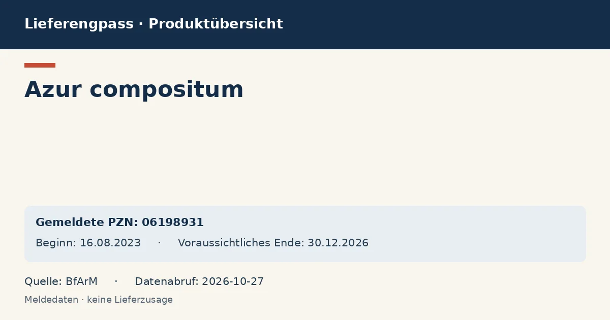 Azur compositum: Datenübersicht zum Lieferengpass mit gemeldeten Packungen und Zeitraum (BfArM) Azur compositum: Datenübersicht zum Lieferengpass mit gemeldeten Packungen und Zeitraum (BfArM)