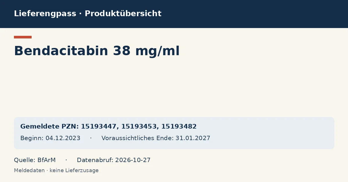 Bendacitabin 38 mg/ml: Datenübersicht zum Lieferengpass mit gemeldeten Packungen und Zeitraum (BfArM) Bendacitabin 38 mg/ml: Datenübersicht zum Lieferengpass mit gemeldeten Packungen und Zeitraum (BfArM)
