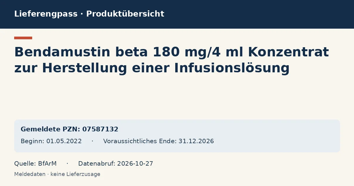 Bendamustin beta 180 mg/4 ml Konzentrat zur Herstellung einer Infusionslösung: Datenübersicht zum Lieferengpass mit gemeldeten Packungen und Zeitraum (BfArM) Bendamustin beta 180 mg/4 ml Konzentrat zur Herstellung einer Infusionslösung: Datenübersicht zum Lieferengpass mit gemeldeten Packungen und Zeitraum (BfArM)