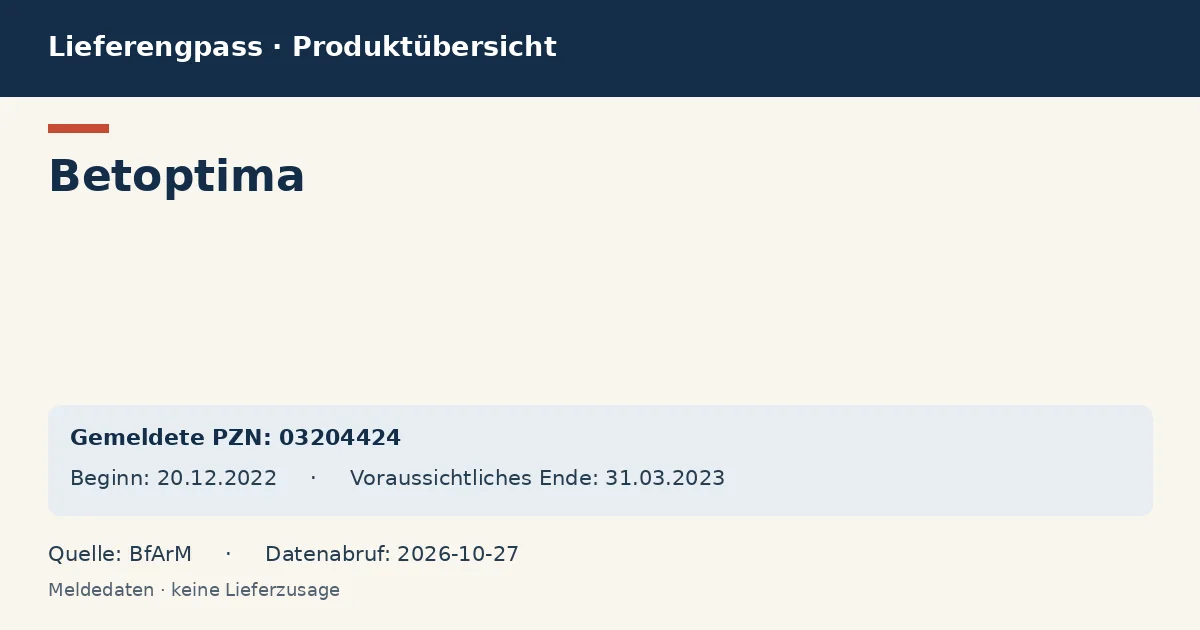 Betoptima: Datenübersicht zum Lieferengpass mit gemeldeten Packungen und Zeitraum (BfArM) Betoptima: Datenübersicht zum Lieferengpass mit gemeldeten Packungen und Zeitraum (BfArM)