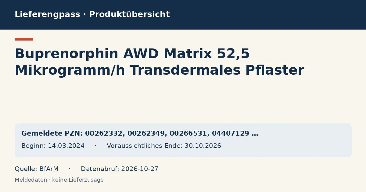 Buprenorphin AWD Matrix 52,5 Mikrogramm/h Transdermales Pflaster: Datenübersicht zum Lieferengpass mit gemeldeten Packungen und Zeitraum (BfArM) Buprenorphin AWD Matrix 52,5 Mikrogramm/h Transdermales Pflaster: Datenübersicht zum Lieferengpass mit gemeldeten Packungen und Zeitraum (BfArM)