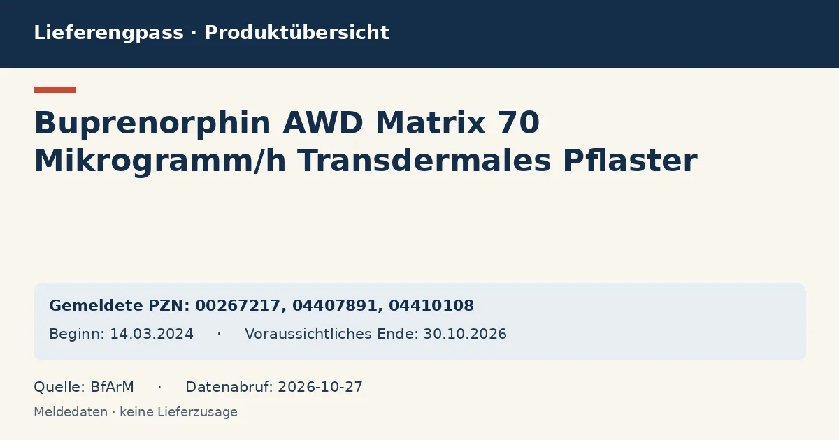 Buprenorphin AWD Matrix 70 Mikrogramm/h Transdermales Pflaster: Datenübersicht zum Lieferengpass mit gemeldeten Packungen und Zeitraum (BfArM) Buprenorphin AWD Matrix 70 Mikrogramm/h Transdermales Pflaster: Datenübersicht zum Lieferengpass mit gemeldeten Packungen und Zeitraum (BfArM)