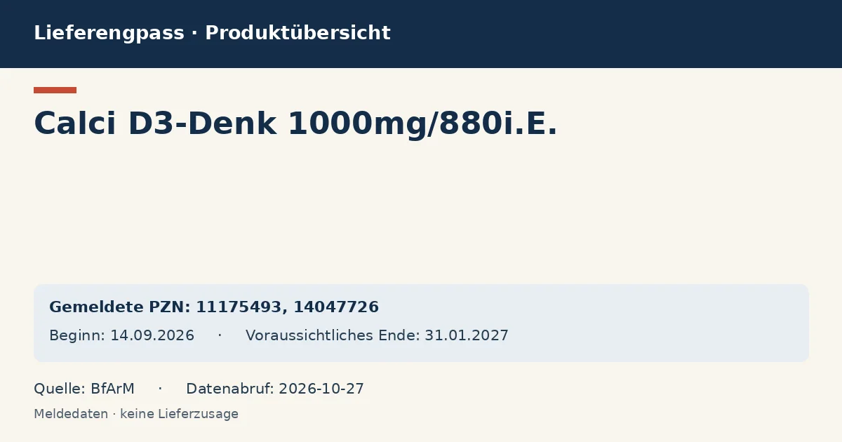 Calci D3-Denk 1000mg/880i.E.: Datenübersicht zum Lieferengpass mit gemeldeten Packungen und Zeitraum (BfArM) Calci D3-Denk 1000mg/880i.E.: Datenübersicht zum Lieferengpass mit gemeldeten Packungen und Zeitraum (BfArM)