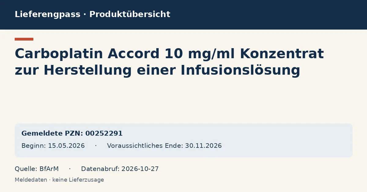 Carboplatin Accord 10 mg/ml Konzentrat zur Herstellung einer Infusionslösung: Datenübersicht zum Lieferengpass mit gemeldeten Packungen und Zeitraum (BfArM) Carboplatin Accord 10 mg/ml Konzentrat zur Herstellung einer Infusionslösung: Datenübersicht zum Lieferengpass mit gemeldeten Packungen und Zeitraum (BfArM)