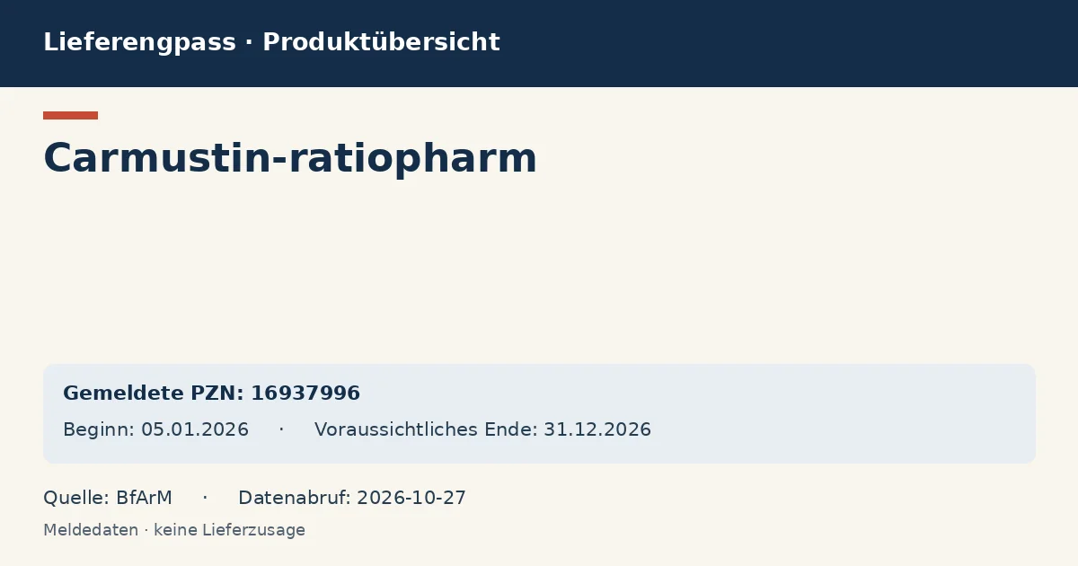 Carmustin-ratiopharm: Datenübersicht zum Lieferengpass mit gemeldeten Packungen und Zeitraum (BfArM) Carmustin-ratiopharm: Datenübersicht zum Lieferengpass mit gemeldeten Packungen und Zeitraum (BfArM)