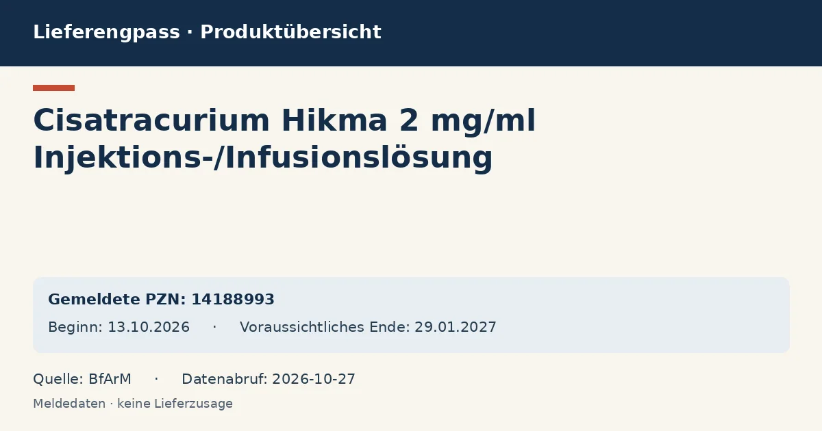 Cisatracurium Hikma 2 mg/ml Injektions-/Infusionslösung: Datenübersicht zum Lieferengpass mit gemeldeten Packungen und Zeitraum (BfArM) Cisatracurium Hikma 2 mg/ml Injektions-/Infusionslösung: Datenübersicht zum Lieferengpass mit gemeldeten Packungen und Zeitraum (BfArM)