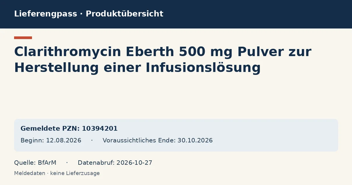 Clarithromycin Eberth 500 mg Pulver zur Herstellung einer Infusionslösung: Datenübersicht zum Lieferengpass mit gemeldeten Packungen und Zeitraum (BfArM) Clarithromycin Eberth 500 mg Pulver zur Herstellung einer Infusionslösung: Datenübersicht zum Lieferengpass mit gemeldeten Packungen und Zeitraum (BfArM)