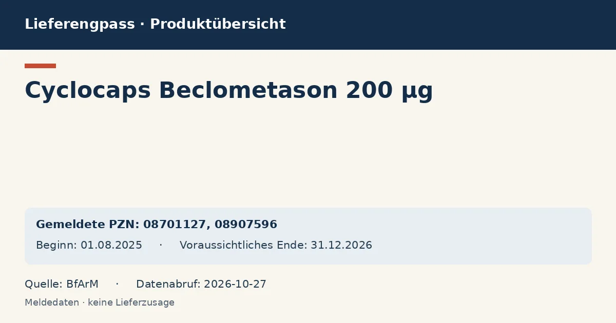 Cyclocaps Beclometason 200 µg: Datenübersicht zum Lieferengpass mit gemeldeten Packungen und Zeitraum (BfArM) Cyclocaps Beclometason 200 µg: Datenübersicht zum Lieferengpass mit gemeldeten Packungen und Zeitraum (BfArM)