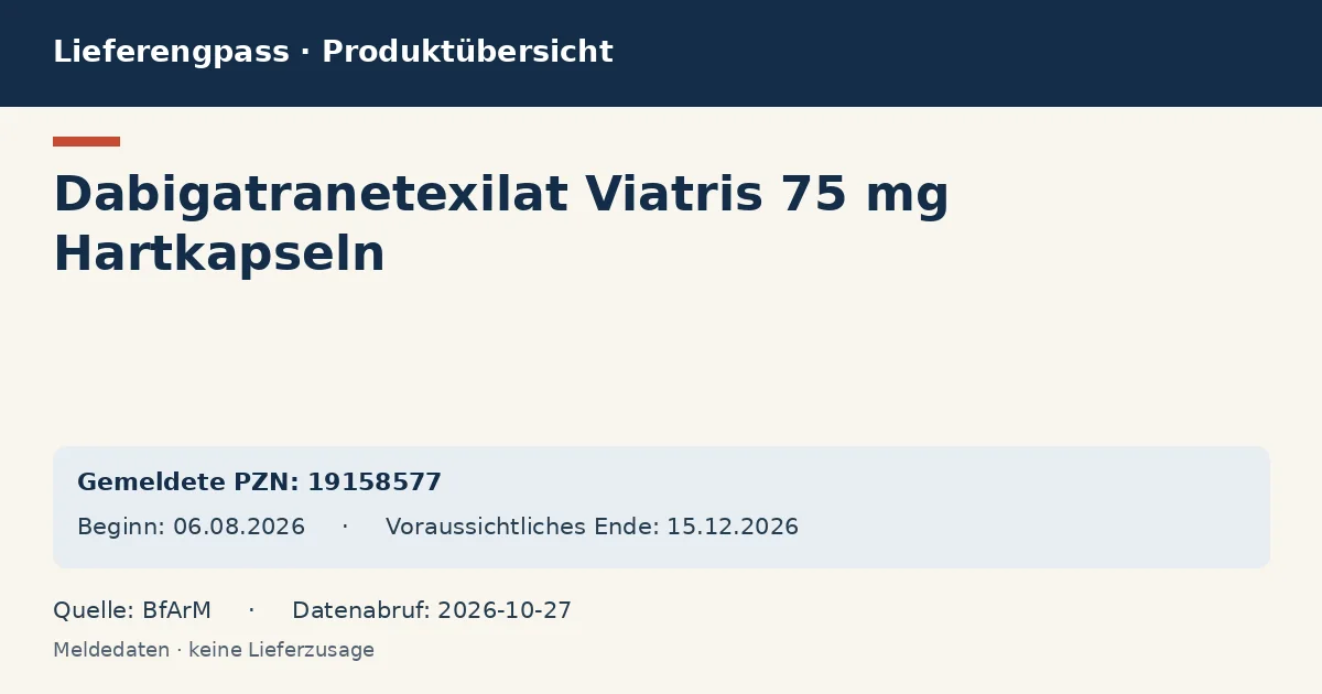 Dabigatranetexilat Viatris 75 mg Hartkapseln: Datenübersicht zum Lieferengpass mit gemeldeten Packungen und Zeitraum (BfArM) Dabigatranetexilat Viatris 75 mg Hartkapseln: Datenübersicht zum Lieferengpass mit gemeldeten Packungen und Zeitraum (BfArM)