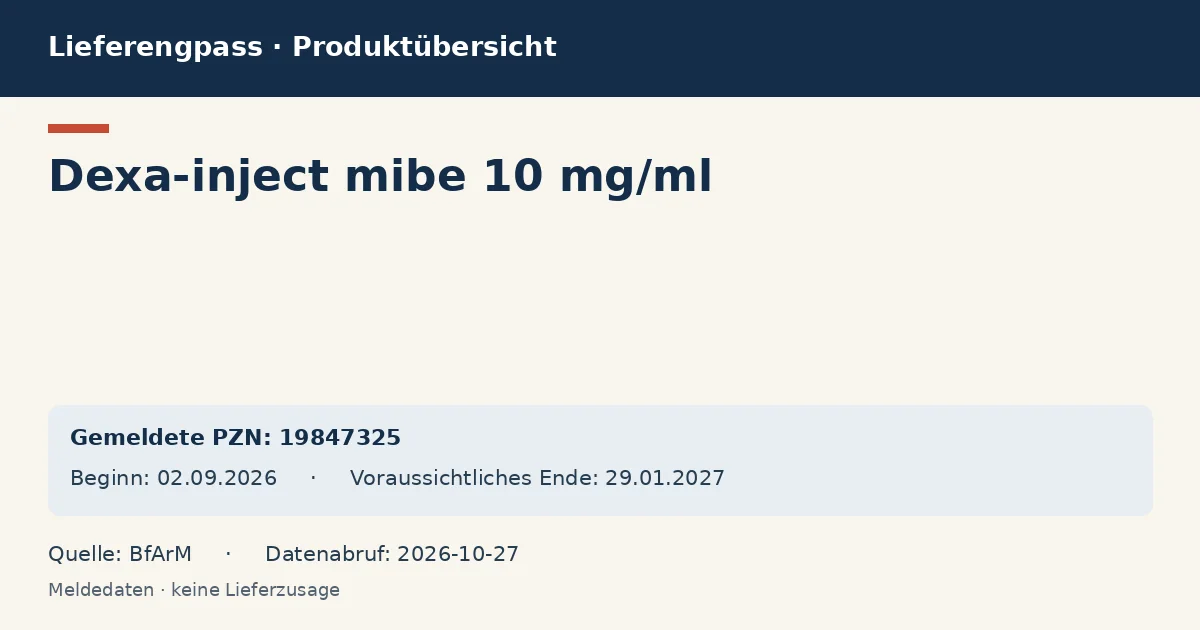 Dexa-inject mibe 10 mg/ml: Datenübersicht zum Lieferengpass mit gemeldeten Packungen und Zeitraum (BfArM) Dexa-inject mibe 10 mg/ml: Datenübersicht zum Lieferengpass mit gemeldeten Packungen und Zeitraum (BfArM)