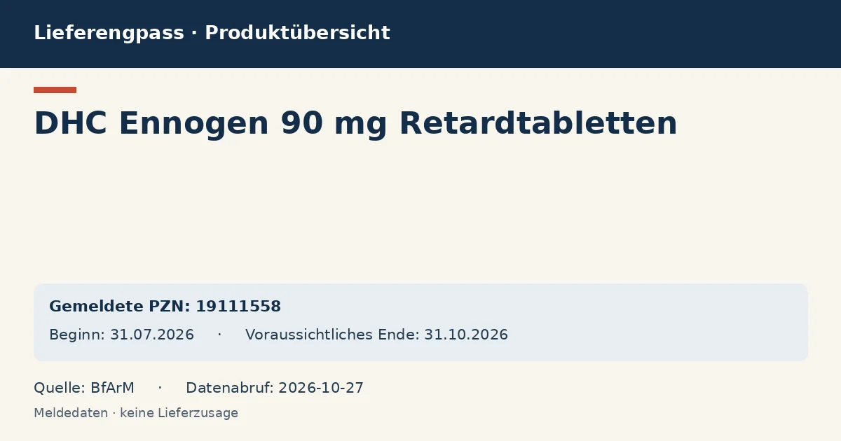 DHC Ennogen 90 mg Retardtabletten: Datenübersicht zum Lieferengpass mit gemeldeten Packungen und Zeitraum (BfArM) DHC Ennogen 90 mg Retardtabletten: Datenübersicht zum Lieferengpass mit gemeldeten Packungen und Zeitraum (BfArM)