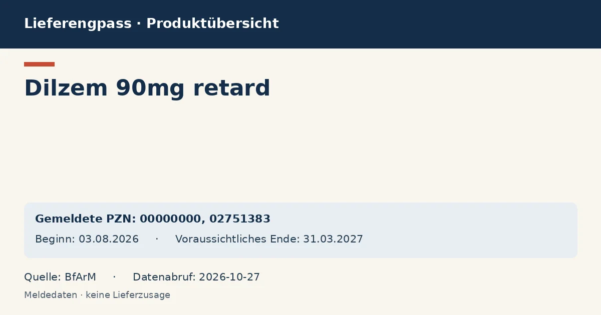 Dilzem 90mg retard: Datenübersicht zum Lieferengpass mit gemeldeten Packungen und Zeitraum (BfArM) Dilzem 90mg retard: Datenübersicht zum Lieferengpass mit gemeldeten Packungen und Zeitraum (BfArM)